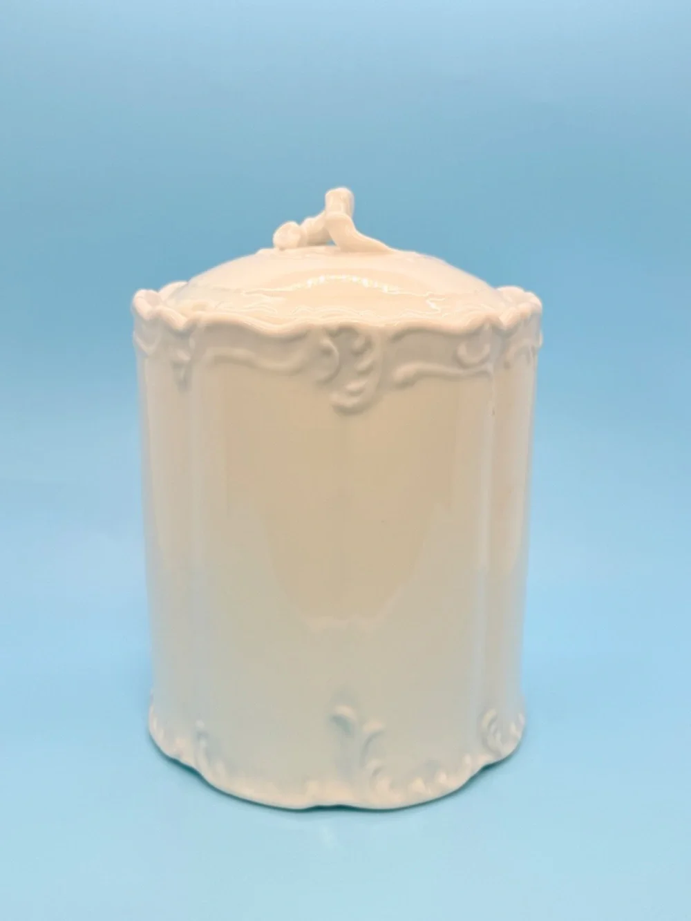 Vintage Porcelain Embossed Biscuit Jar & Lid Handpainted w Pastel Floral Motifs